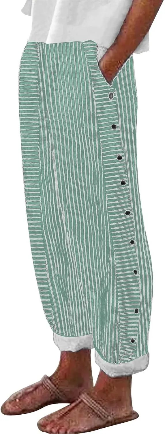 Cropped Linen Pants for Women Casual Straight Leg Elastic Waist Pants Printed Beach Summer Trousers with Pockets