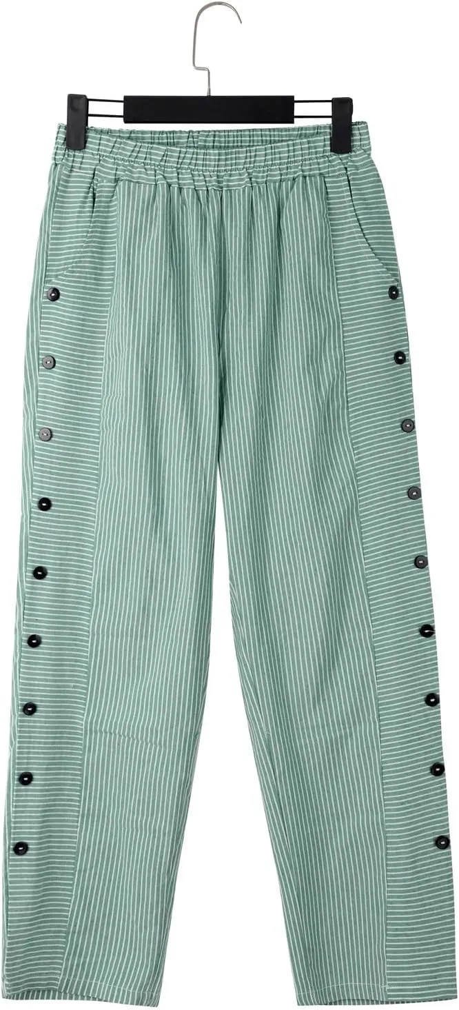 Cropped Linen Pants for Women Casual Straight Leg Elastic Waist Pants Printed Beach Summer Trousers with Pockets