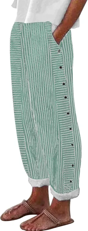 Cropped Linen Pants for Women Casual Straight Leg Elastic Waist Pants Printed Beach Summer Trousers with Pockets