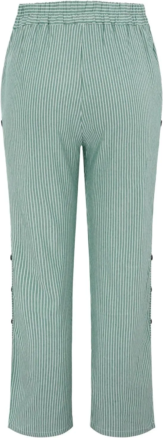 Cropped Linen Pants for Women Casual Straight Leg Elastic Waist Pants Printed Beach Summer Trousers with Pockets