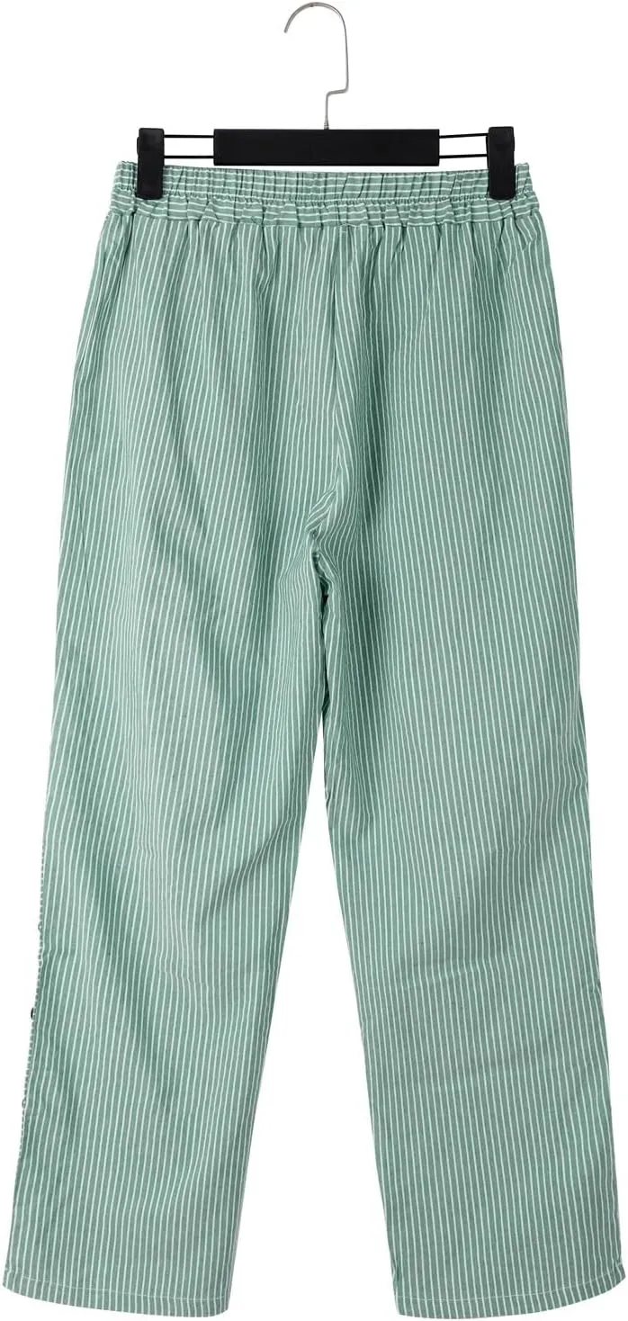 Cropped Linen Pants for Women Casual Straight Leg Elastic Waist Pants Printed Beach Summer Trousers with Pockets