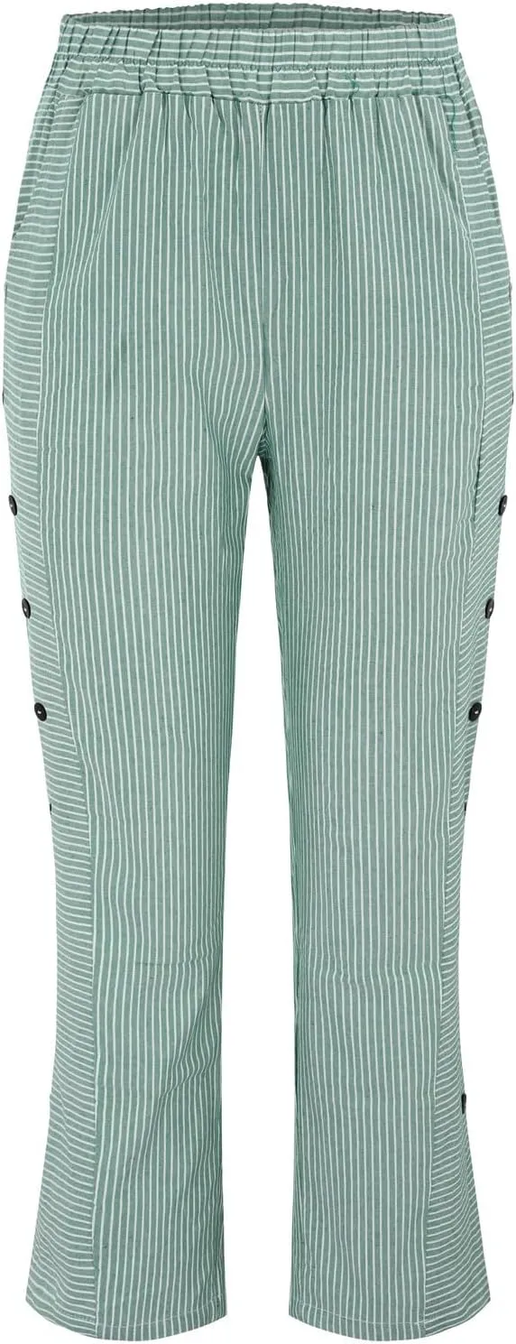 Cropped Linen Pants for Women Casual Straight Leg Elastic Waist Pants Printed Beach Summer Trousers with Pockets
