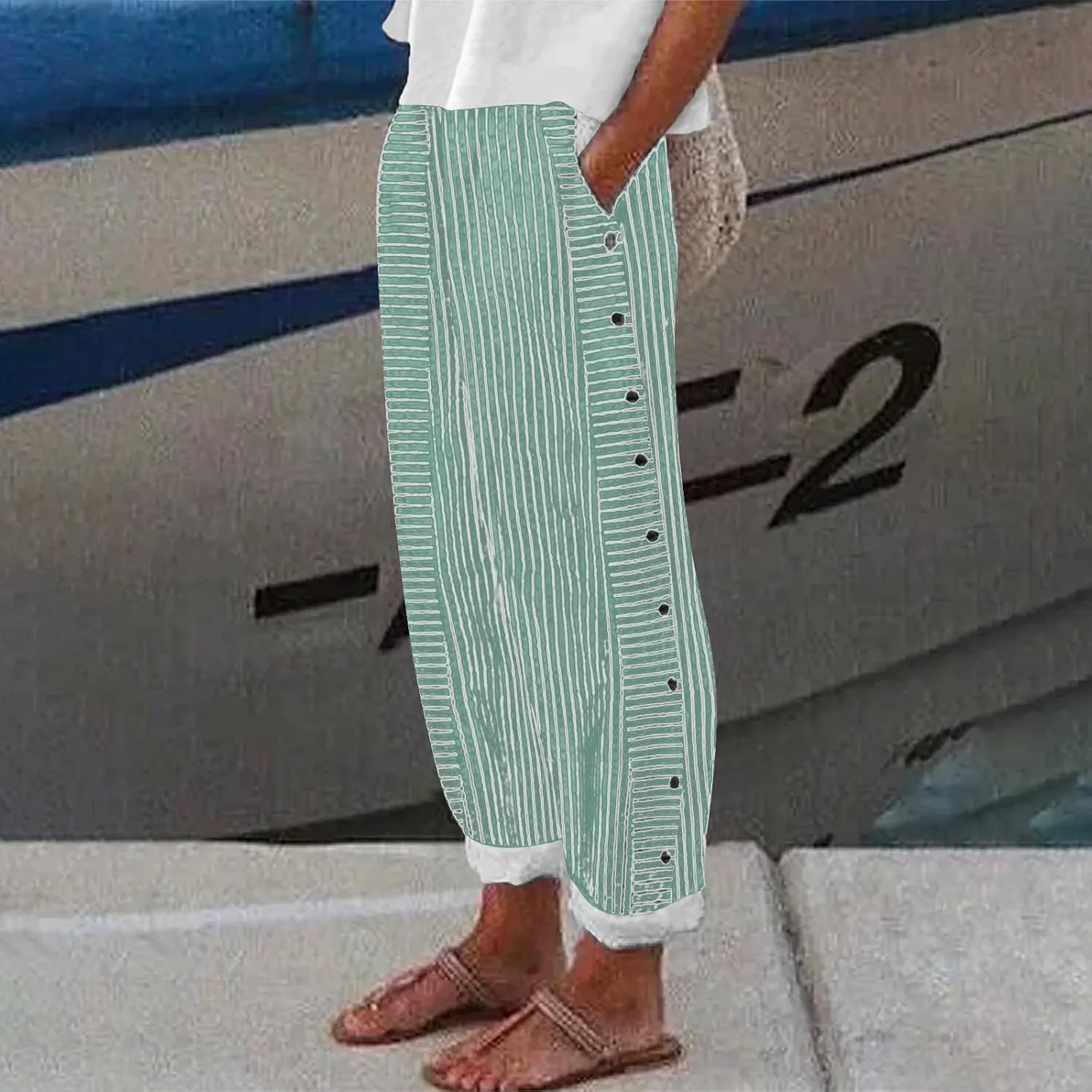 Cropped Linen Pants for Women Casual Straight Leg Elastic Waist Pants Printed Beach Summer Trousers with Pockets