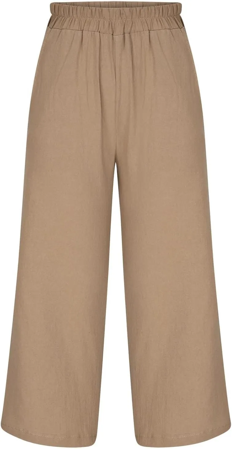 Cropped Linen Pants Women Wide Leg Summer Casual Loose Elastic Waist Trouser Solid Basic Lounge Pants with Pockets