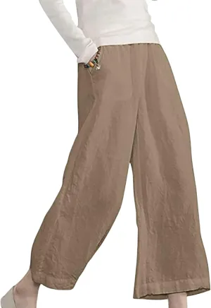 Cropped Linen Pants Women Wide Leg Summer Casual Loose Elastic Waist Trouser Solid Basic Lounge Pants with Pockets