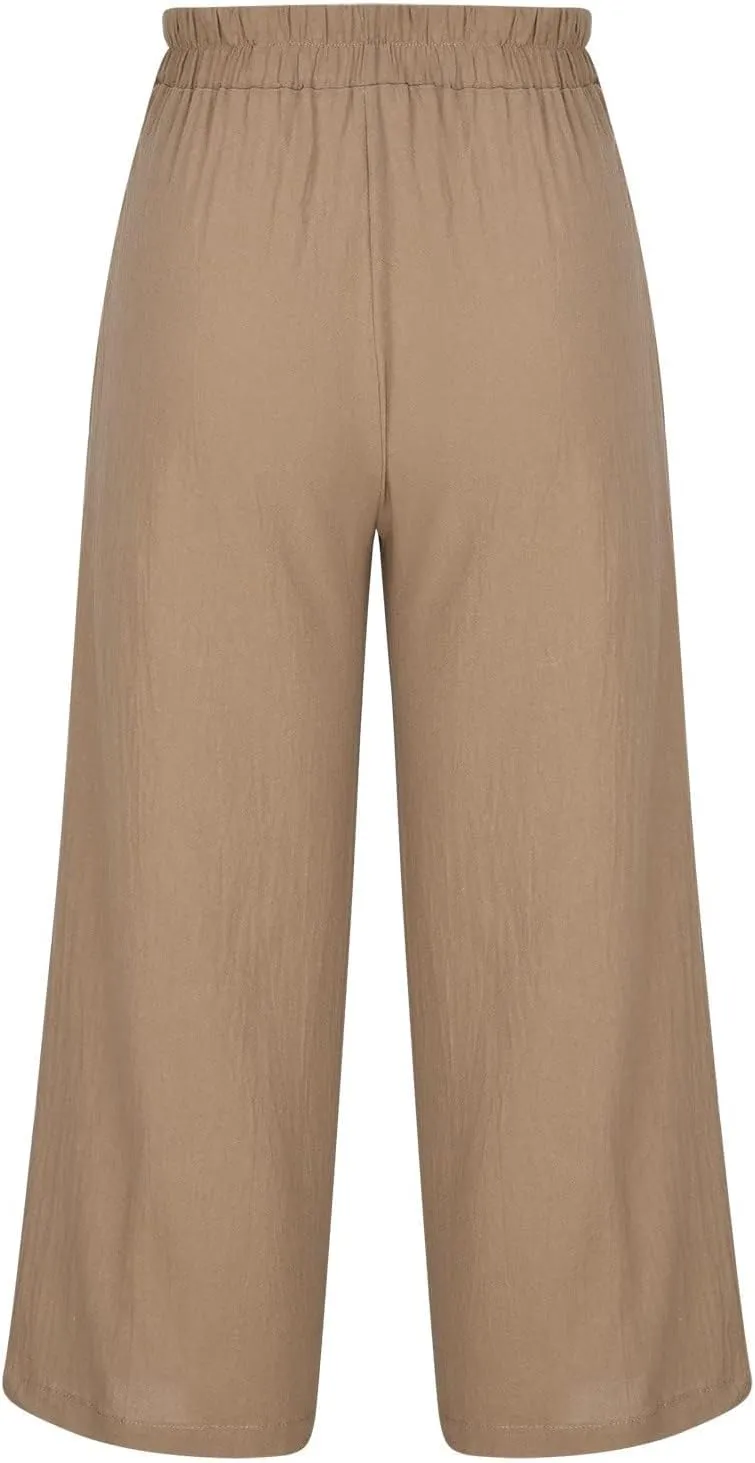Cropped Linen Pants Women Wide Leg Summer Casual Loose Elastic Waist Trouser Solid Basic Lounge Pants with Pockets