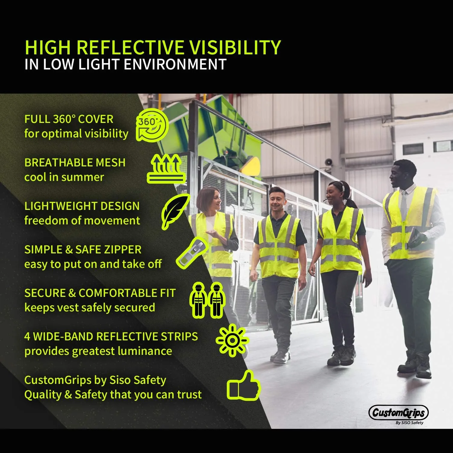 CustomGrips BY SISO SAFETY Vest with High Visibility Reflective Strip Work Vest