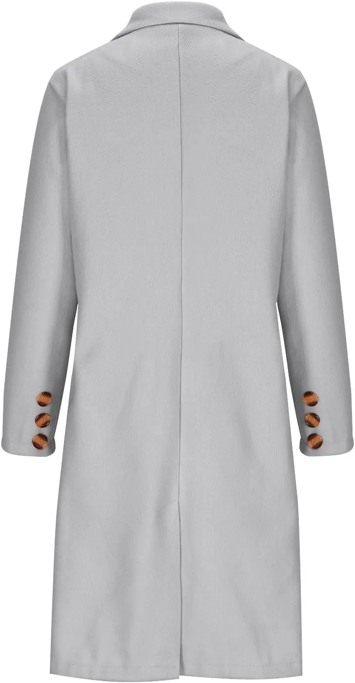 Double Breasted Peacoat for Women Winter Trendy Elegant Notched Lapel Wool Blend Trench Coat Knee Length Long Coat