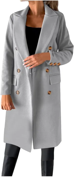 Double Breasted Peacoat for Women Winter Trendy Elegant Notched Lapel Wool Blend Trench Coat Knee Length Long Coat