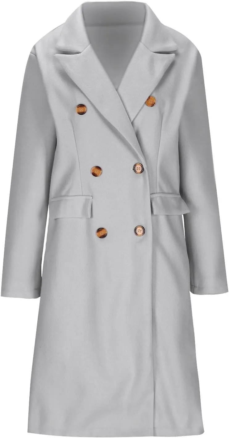 Double Breasted Peacoat for Women Winter Trendy Elegant Notched Lapel Wool Blend Trench Coat Knee Length Long Coat