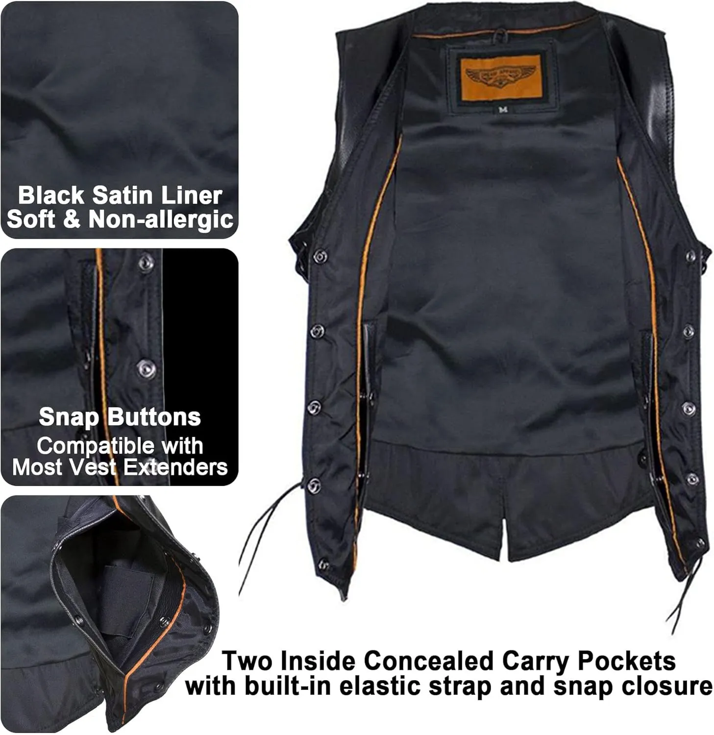 Dream Apparel Womens Black Leather Motorcycle Vest for Riding W/Concealed Carry Pockets, Biker Vest Club Vest W/Side Laces