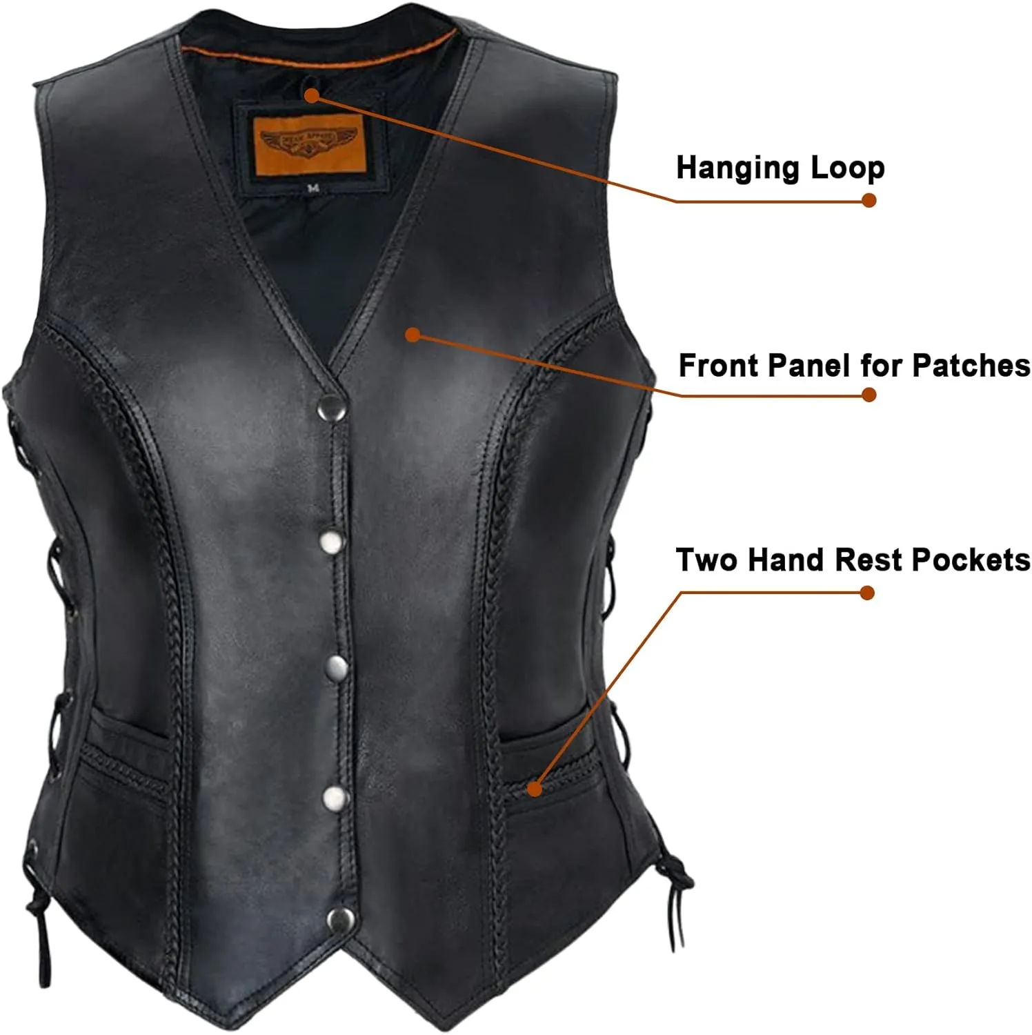 Dream Apparel Womens Black Leather Motorcycle Vest for Riding W/Concealed Carry Pockets, Biker Vest Club Vest W/Side Laces