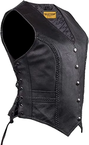 Dream Apparel Womens Black Leather Motorcycle Vest for Riding W/Concealed Carry Pockets, Biker Vest Club Vest W/Side Laces