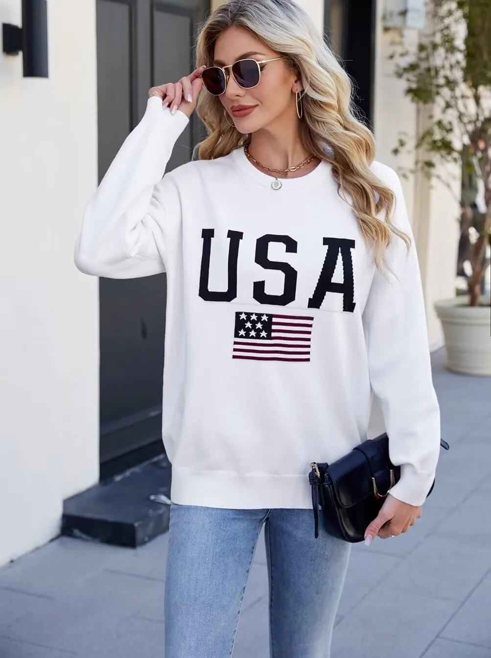 Dressmine Womens American Flag Sweater Knit Long Sleeve Crew Neck Graphic Elegant Soft Loose Pullover