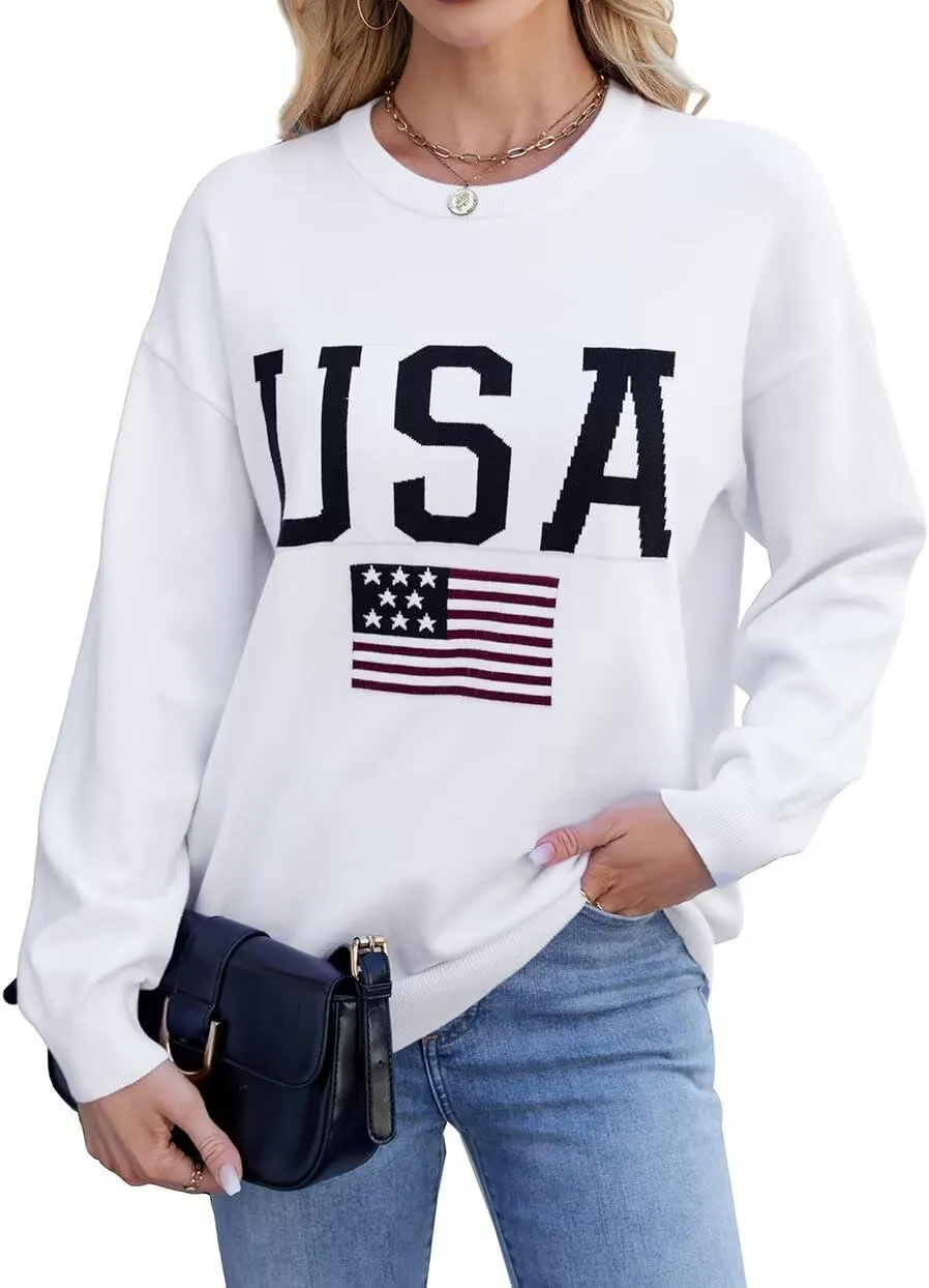 Dressmine Womens American Flag Sweater Knit Long Sleeve Crew Neck Graphic Elegant Soft Loose Pullover