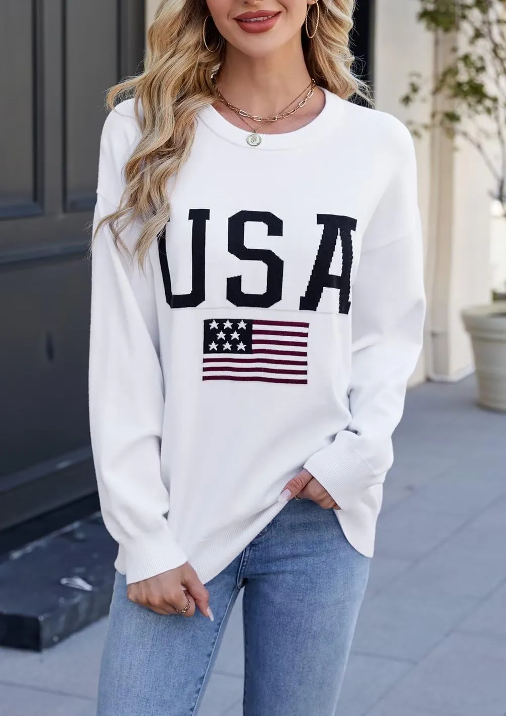 Dressmine Womens American Flag Sweater Knit Long Sleeve Crew Neck Graphic Elegant Soft Loose Pullover