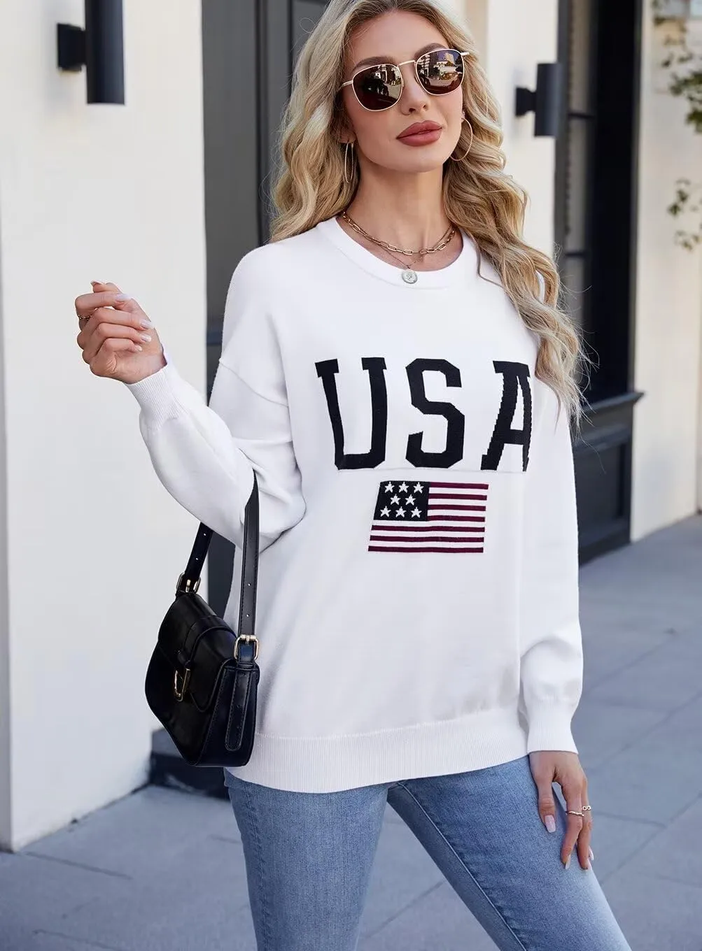 Dressmine Womens American Flag Sweater Knit Long Sleeve Crew Neck Graphic Elegant Soft Loose Pullover