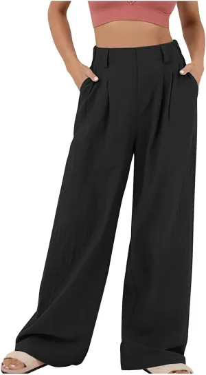 Dressy Cotton Linen Pants for Women, Pleated High Waist Palazzo Trousers Relax Fit Business Work Office Casual Pant