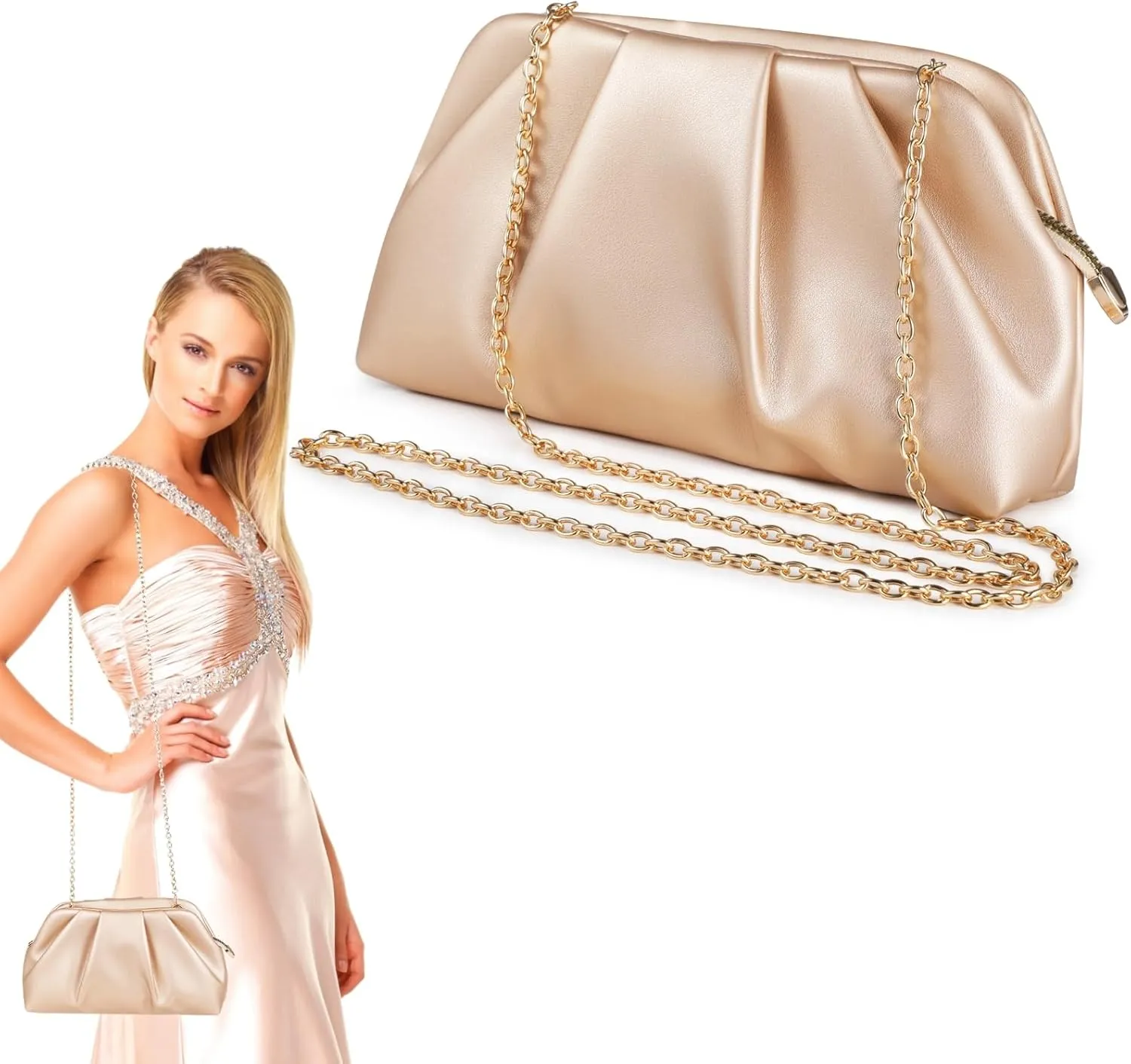 Elegant Soft Pleated Pu Leather Clutch, Chic Vegan Leather Handbag For Weddings And Parties, Apricot Color