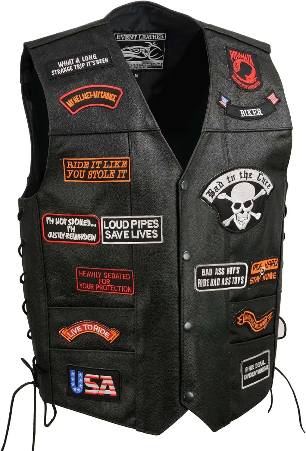 ELM3920 Men's Black Leather Pre-Patched Bikers Vest w/ 6 Pockets - 23 Patches and Side Laces