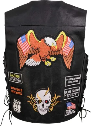 ELM3920 Men's Black Leather Pre-Patched Bikers Vest w/ 6 Pockets - 23 Patches and Side Laces