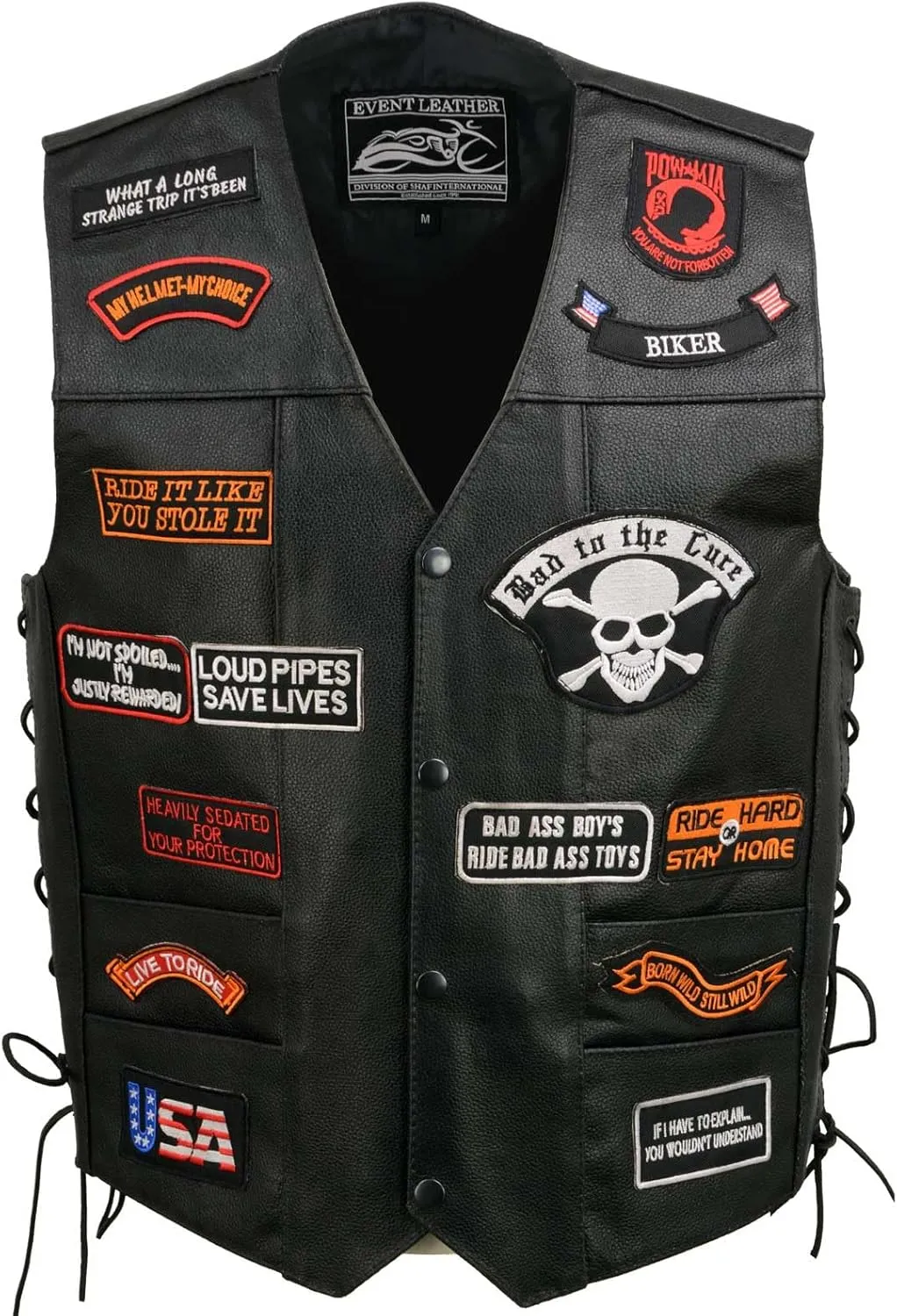 ELM3920 Men's Black Leather Pre-Patched Bikers Vest w/ 6 Pockets - 23 Patches and Side Laces