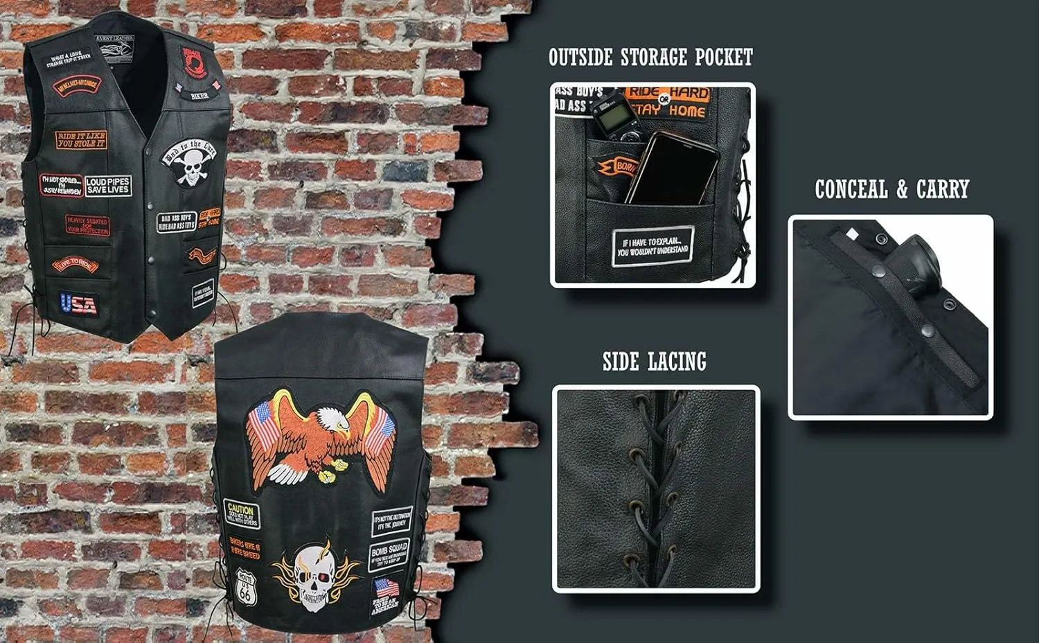 ELM3920 Men's Black Leather Pre-Patched Bikers Vest w/ 6 Pockets - 23 Patches and Side Laces