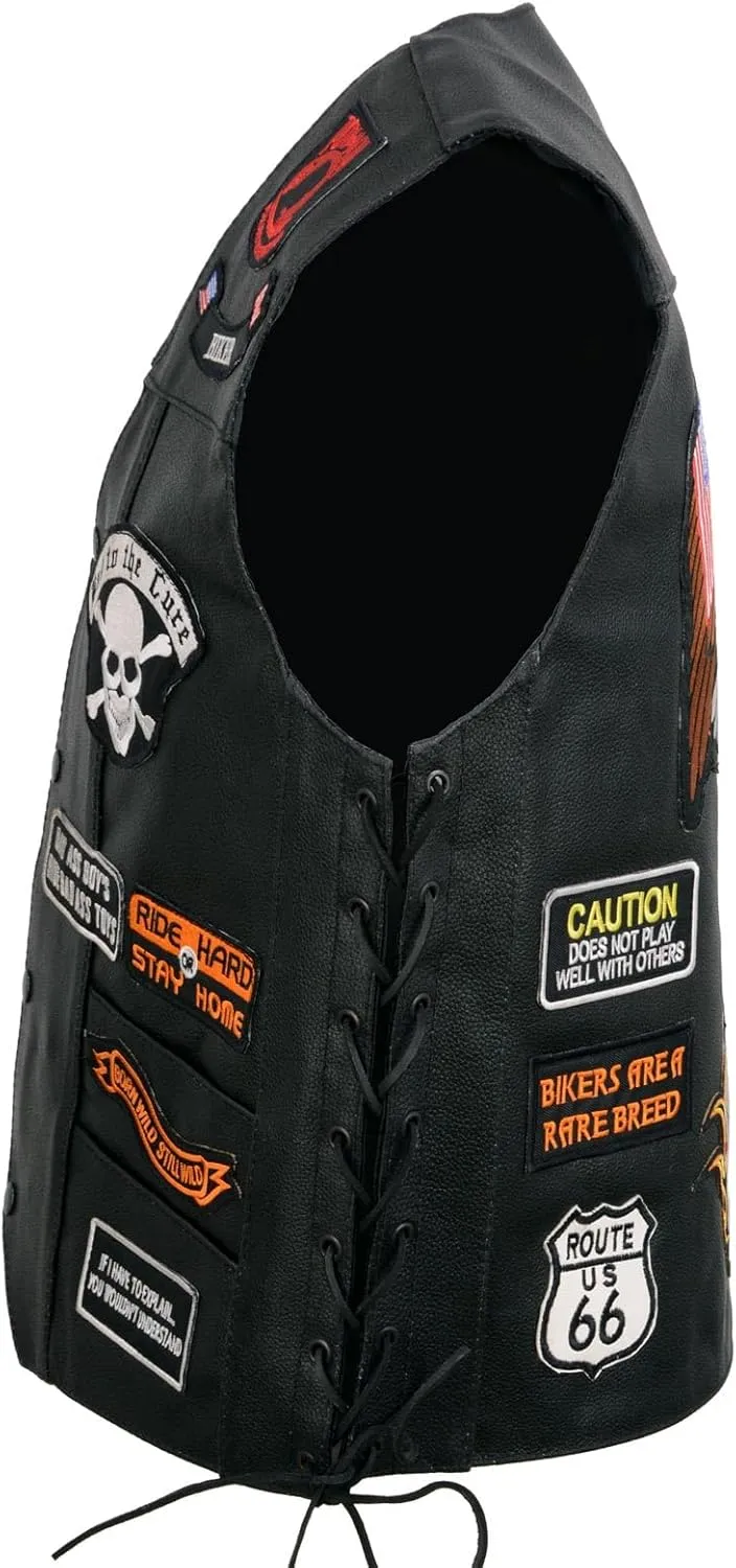 ELM3920 Men's Black Leather Pre-Patched Bikers Vest w/ 6 Pockets - 23 Patches and Side Laces