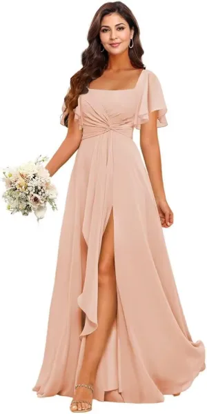 Elmiansly Womens Square Neck A Line Bridesmaid Dresses Ruffles Sleeves Chiffon Formal Evening Dress with Slit