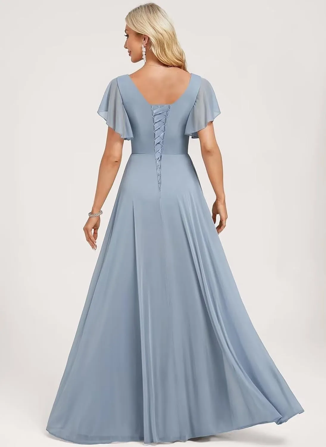 Elmiansly Womens Square Neck A Line Bridesmaid Dresses Ruffles Sleeves Chiffon Formal Evening Dress with Slit