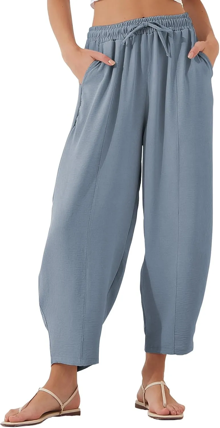 EVALESS Women's Summer High Waisted Baggy Pants Casual Ankle Length Trouser Slacks with Pockets