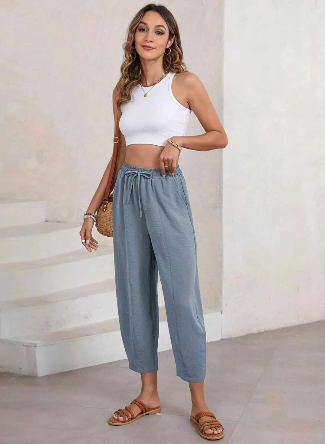 EVALESS Women's Summer High Waisted Baggy Pants Casual Ankle Length Trouser Slacks with Pockets