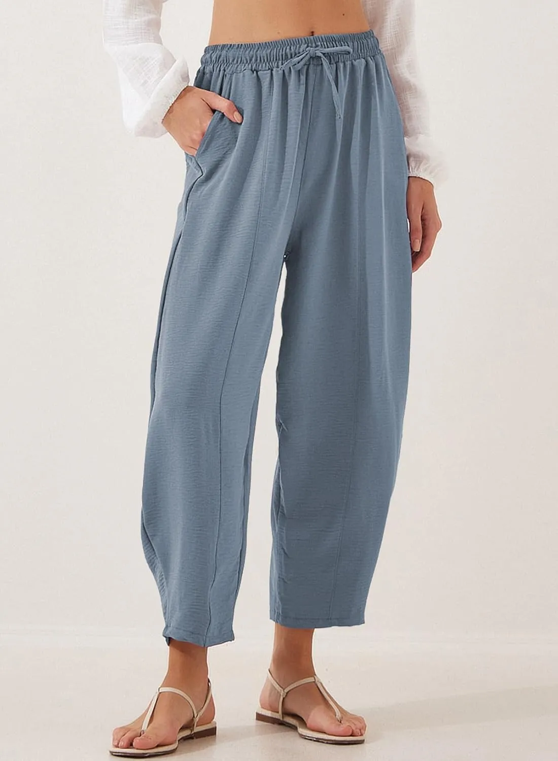 EVALESS Women's Summer High Waisted Baggy Pants Casual Ankle Length Trouser Slacks with Pockets