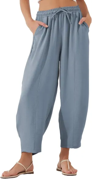 EVALESS Women's Summer High Waisted Baggy Pants Casual Ankle Length Trouser Slacks with Pockets