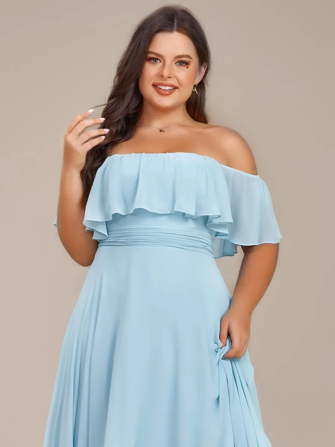Ever-Pretty Plus Women's Off Shoulder Ruffle Sleeve High Low A Line Curve Long Bridesmaid Dresses 01736-DA
