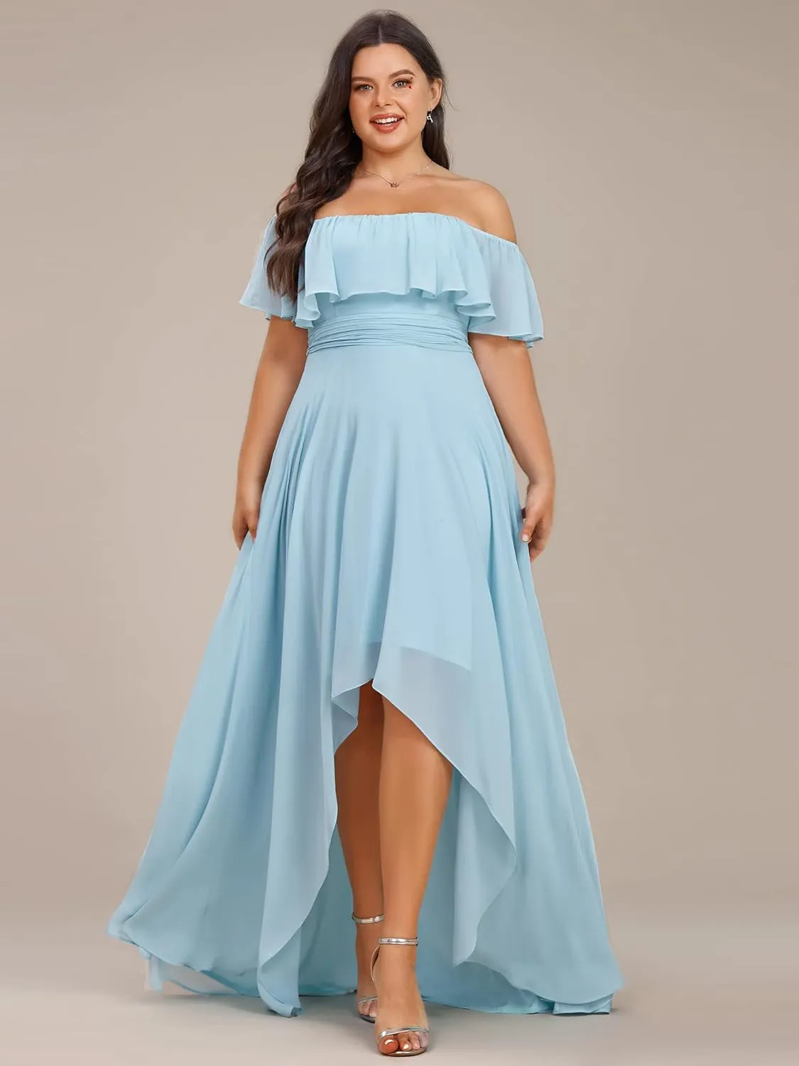 Ever-Pretty Plus Women's Off Shoulder Ruffle Sleeve High Low A Line Curve Long Bridesmaid Dresses 01736-DA