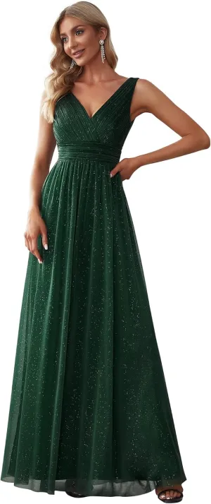 Ever-Pretty Women's V-Neck High Wasit Glitter Maxi Evening Dress 07764-USA