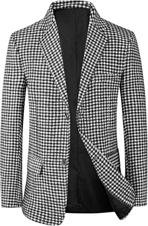 evzosrz Men's Houndstooth Blazers Classic Slim Fit Business Two Button Plaid Tuxedo Prom Wedding Groom Suits Jackets Coats