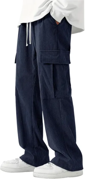 evzosrz Men's Loose Fit Cargo Pants, Casual Corduroy Sweatpant Elastic Waist Wide Leg Trousers Running Baggy Straight Pants