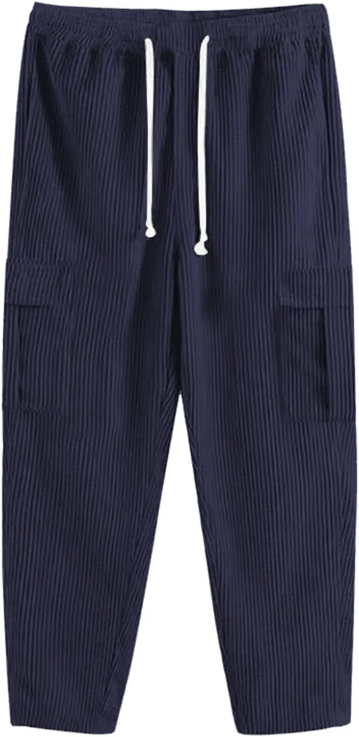 evzosrz Men's Loose Fit Cargo Pants, Casual Corduroy Sweatpant Elastic Waist Wide Leg Trousers Running Baggy Straight Pants