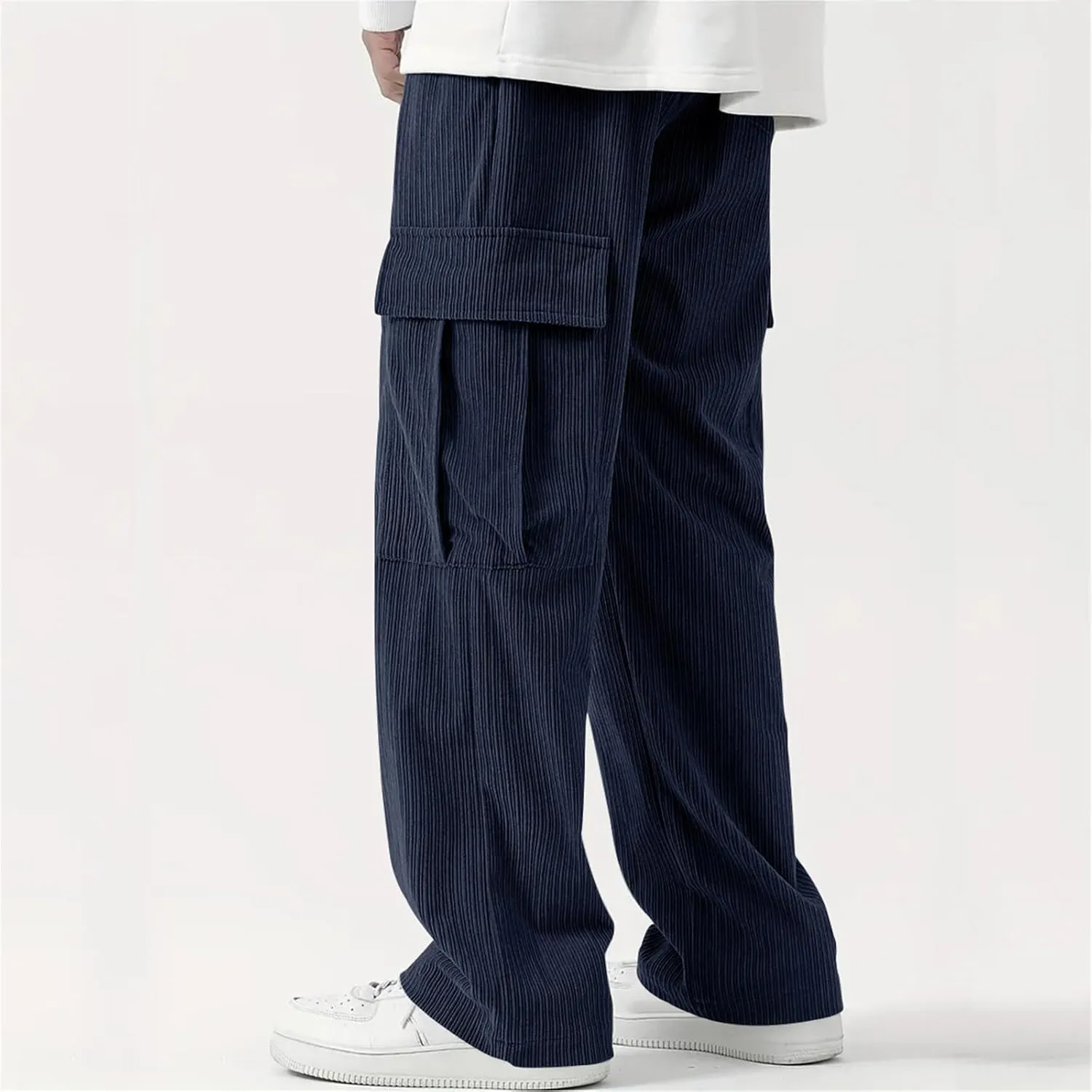 evzosrz Men's Loose Fit Cargo Pants, Casual Corduroy Sweatpant Elastic Waist Wide Leg Trousers Running Baggy Straight Pants