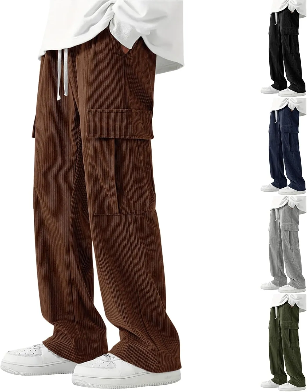 evzosrz Men's Loose Fit Cargo Pants, Casual Corduroy Sweatpant Elastic Waist Wide Leg Trousers Running Baggy Straight Pants