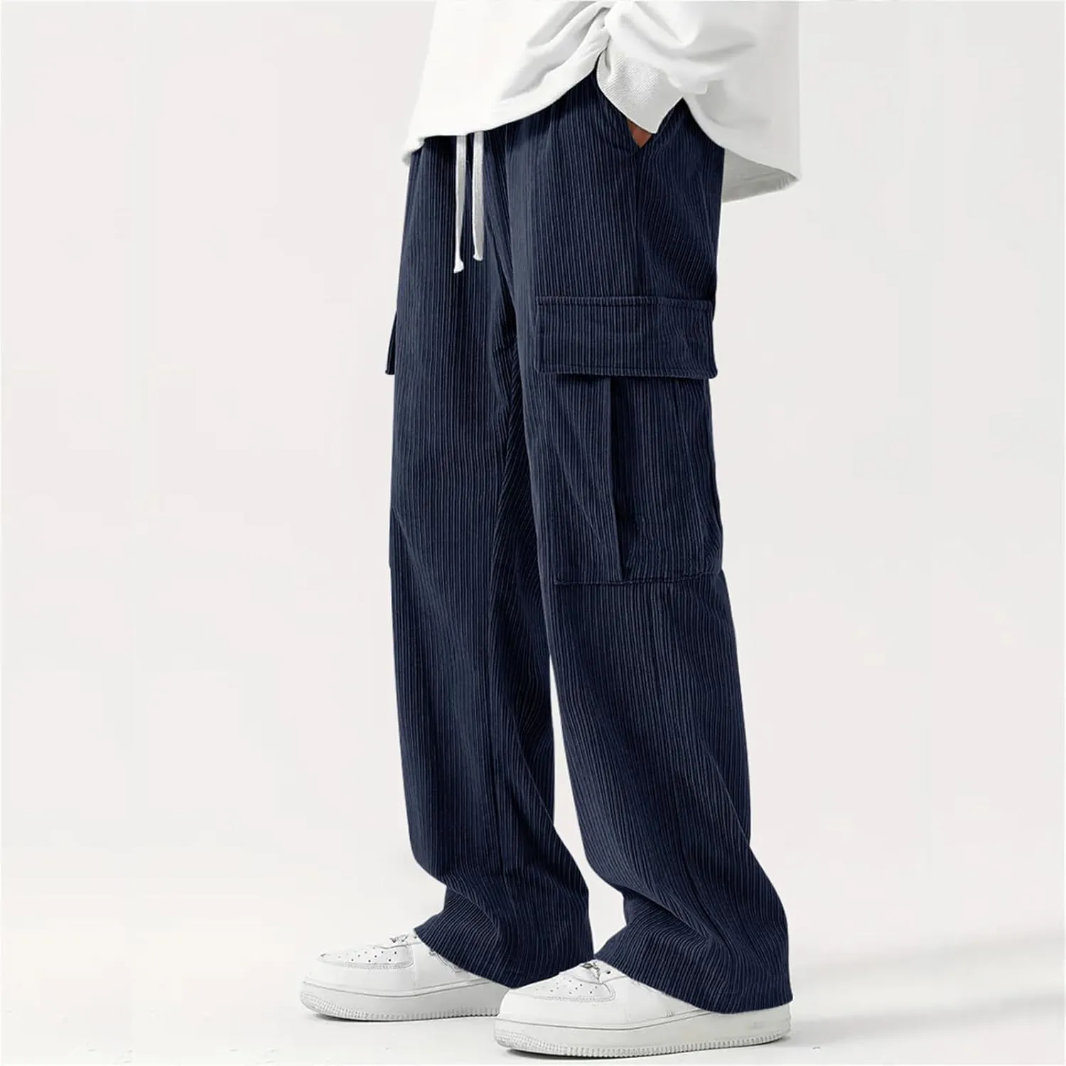 evzosrz Men's Loose Fit Cargo Pants, Casual Corduroy Sweatpant Elastic Waist Wide Leg Trousers Running Baggy Straight Pants