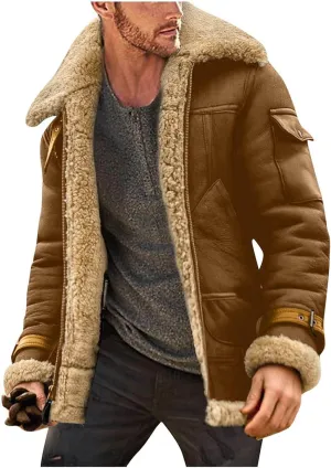 evzosrz Mens Shearling Faux Leather Winter Coats Faux Suede Sherpa Lined Lapel Thicken Warm Sheepskin Jacket Outwear Pockets