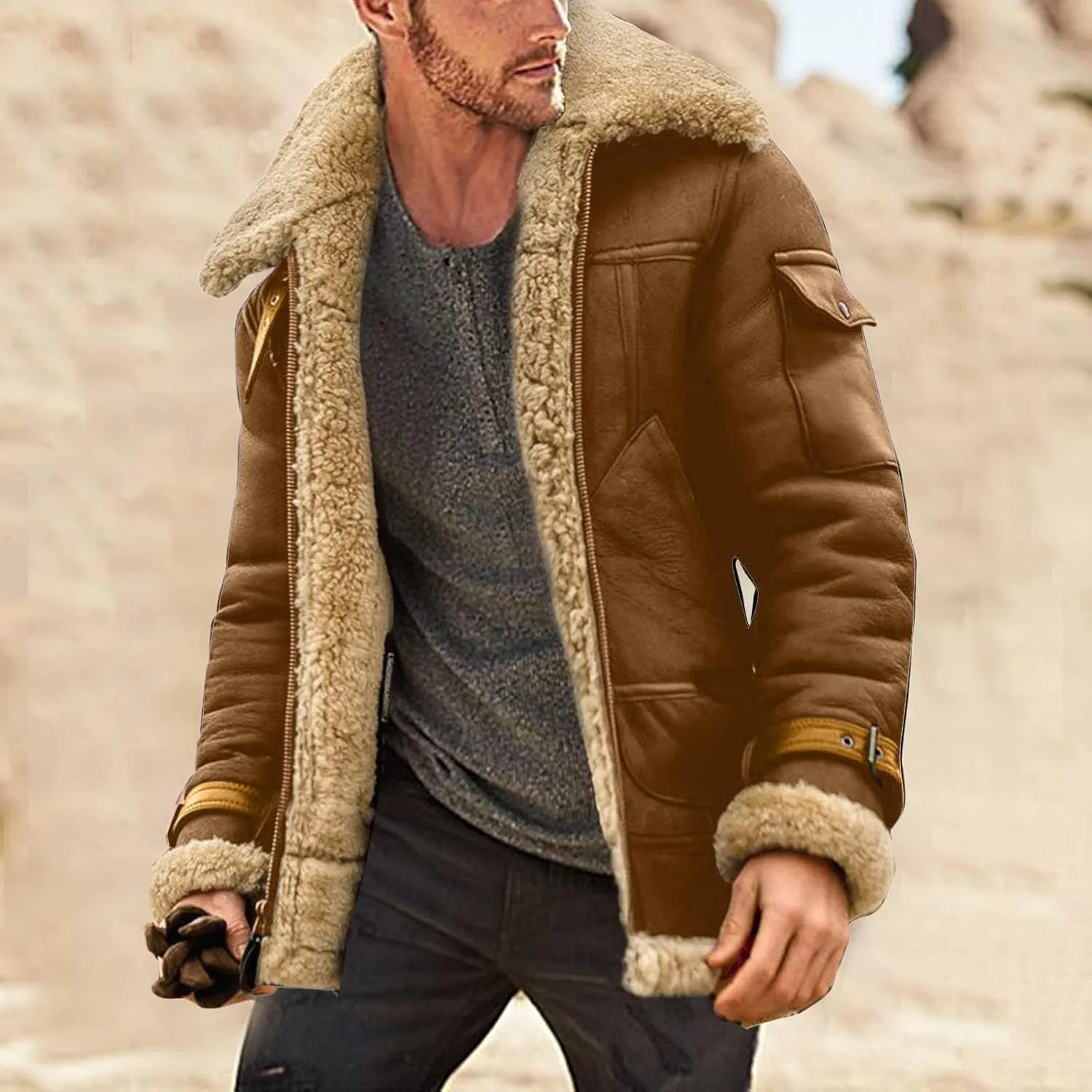 evzosrz Mens Shearling Faux Leather Winter Coats Faux Suede Sherpa Lined Lapel Thicken Warm Sheepskin Jacket Outwear Pockets