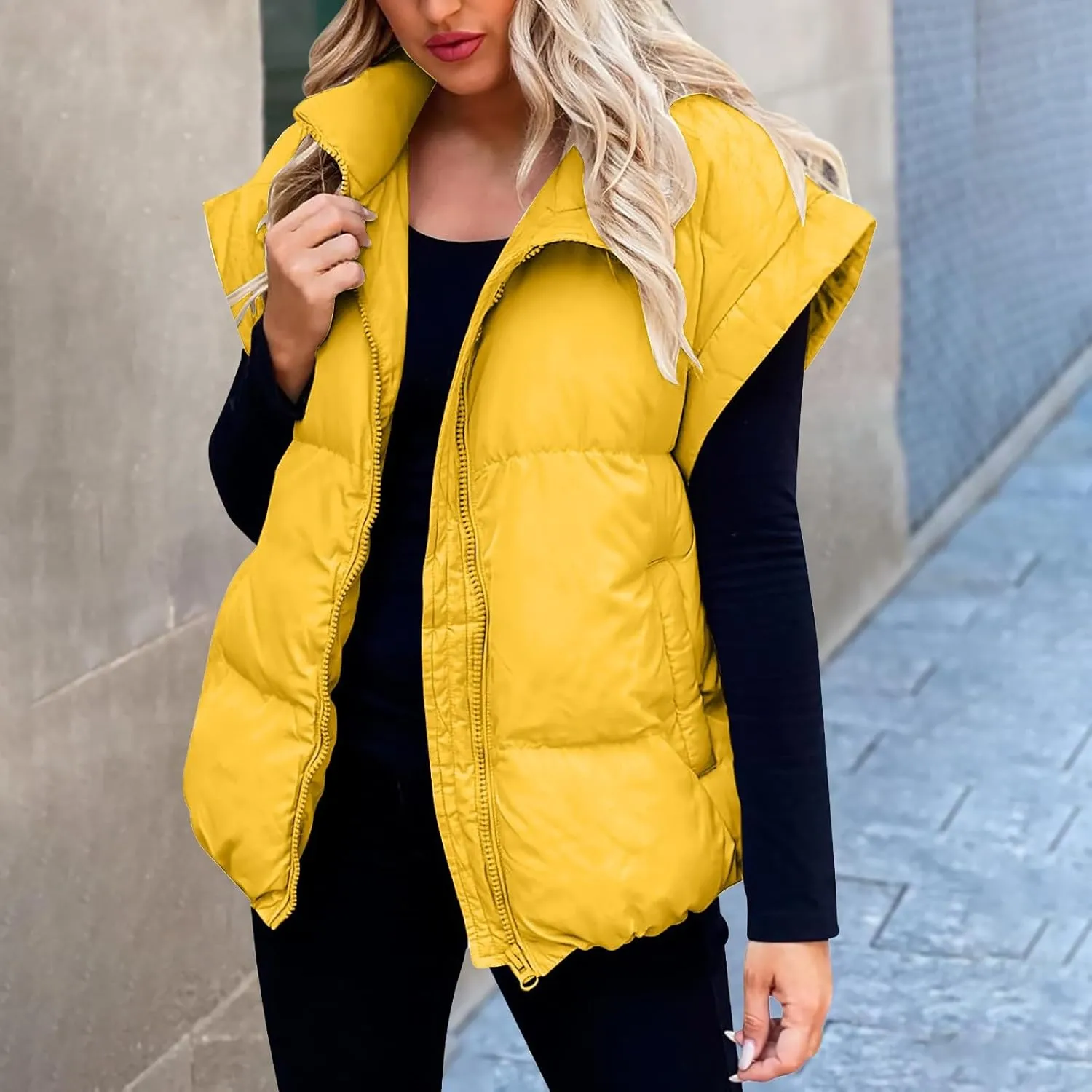 Fall Long Puffer Vest One Morality Warm V Neck Thin Down Vest Inside Trendy Winter Coat Outerwear Vest for Women