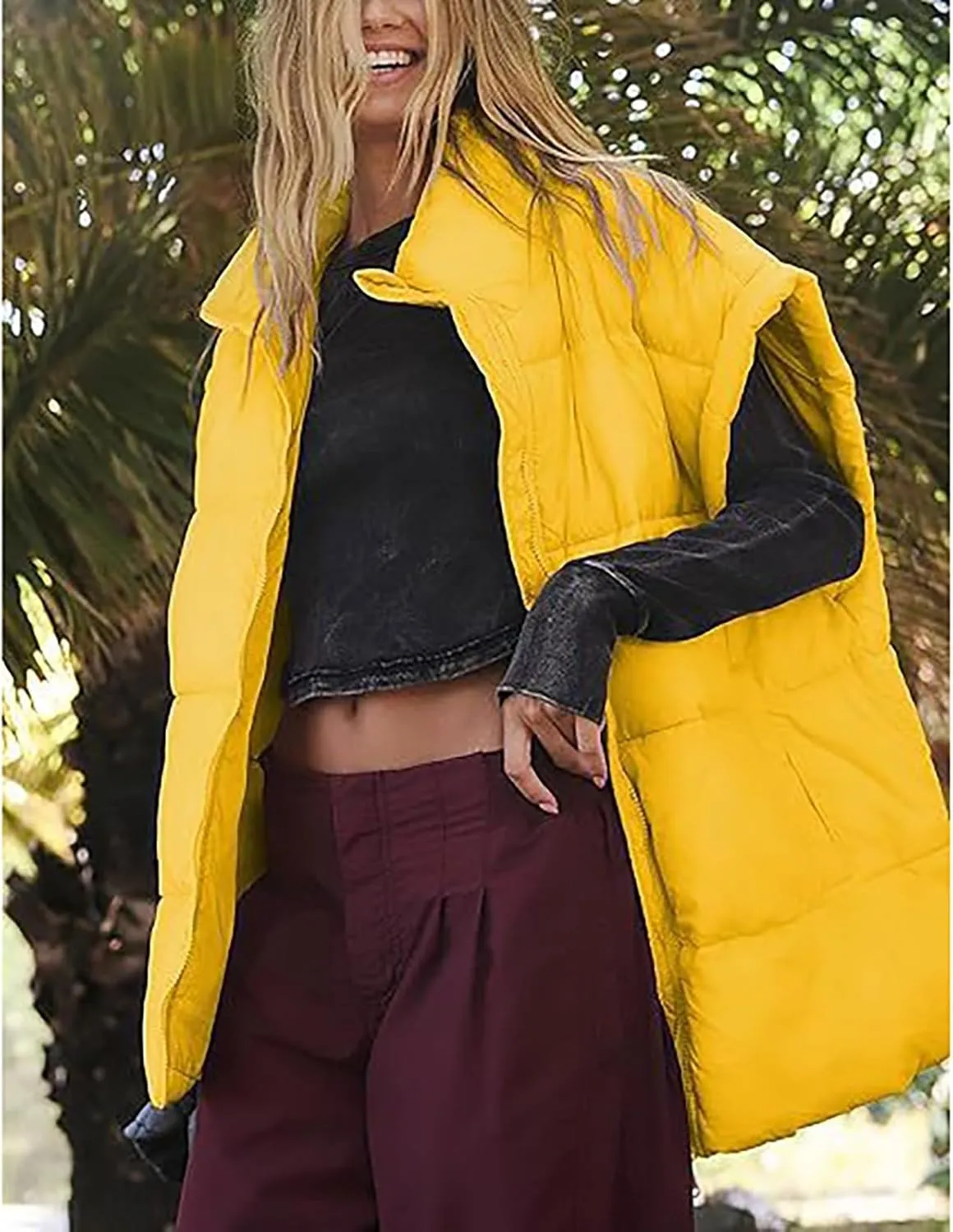 Fall Long Puffer Vest One Morality Warm V Neck Thin Down Vest Inside Trendy Winter Coat Outerwear Vest for Women