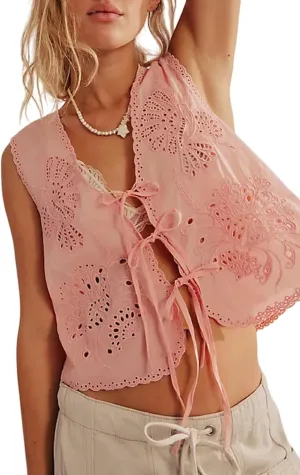 Faretumiya Women Tie Front Vest Y2k Eyelet Embroidery Hollow Out Tank Crop Top Sleeveless Going Out Vest Streetwear