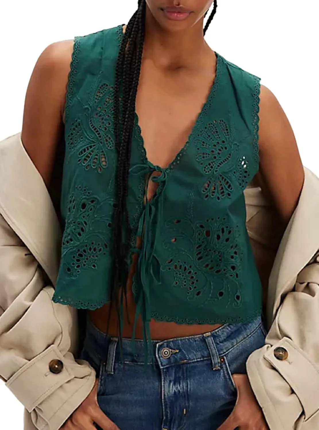 Faretumiya Women Tie Front Vest Y2k Eyelet Embroidery Hollow Out Tank Crop Top Sleeveless Going Out Vest Streetwear