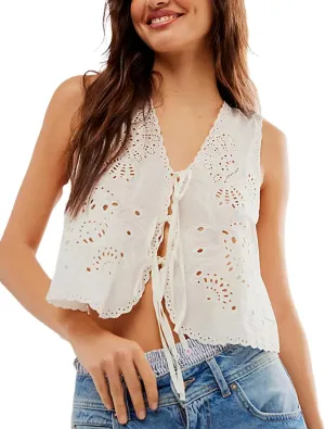 Faretumiya Women Tie Front Vest Y2k Eyelet Embroidery Hollow Out Tank Crop Top Sleeveless Going Out Vest Streetwear